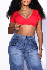 EDGE — red back tie basic top, front view on model