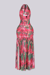 Starfish metal ornament accent at the center front
Sheer mesh skirt finished with a separate lining layer and left side slit detail