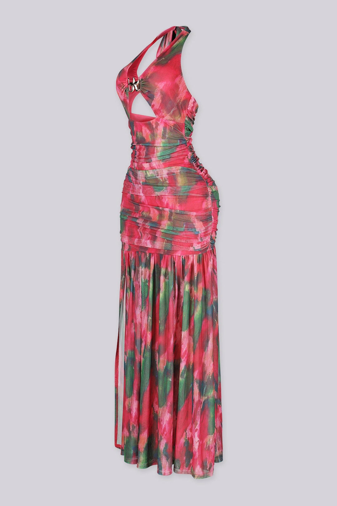 Starfish metal ornament accent at the center front
Sheer mesh skirt finished with a separate lining layer and left side slit detail