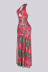 Starfish metal ornament accent at the center front
Sheer mesh skirt finished with a separate lining layer and left side slit detail