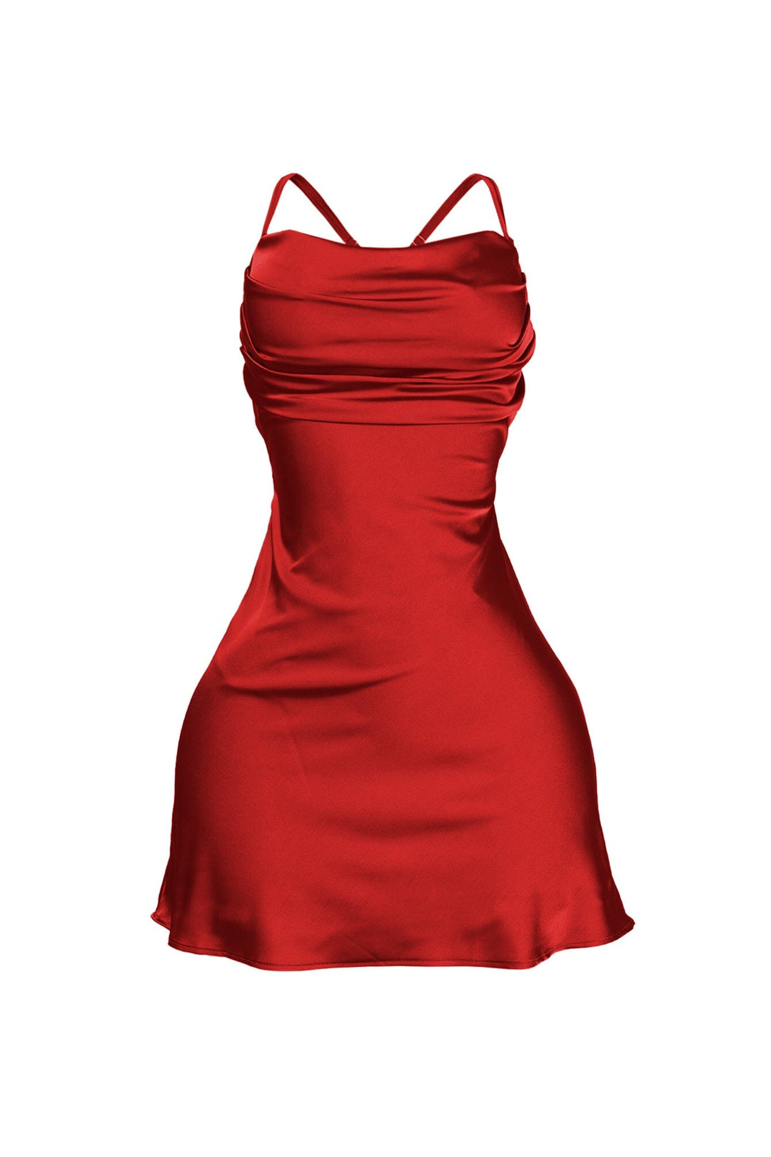 EDGE — red satin cowl neck mini dress, front view flat lay