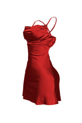 EDGE — red satin cowl neck mini dress, side view flat lay