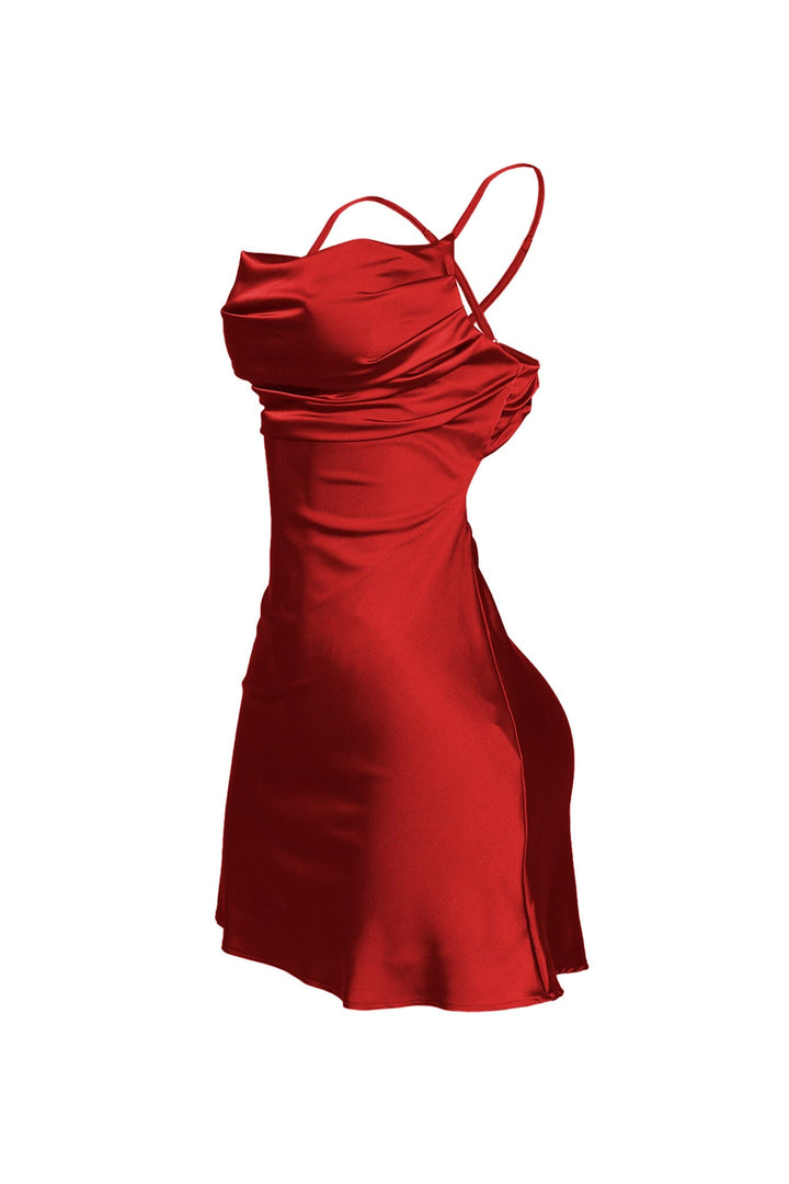 EDGE — red satin cowl neck mini dress, side view flat lay