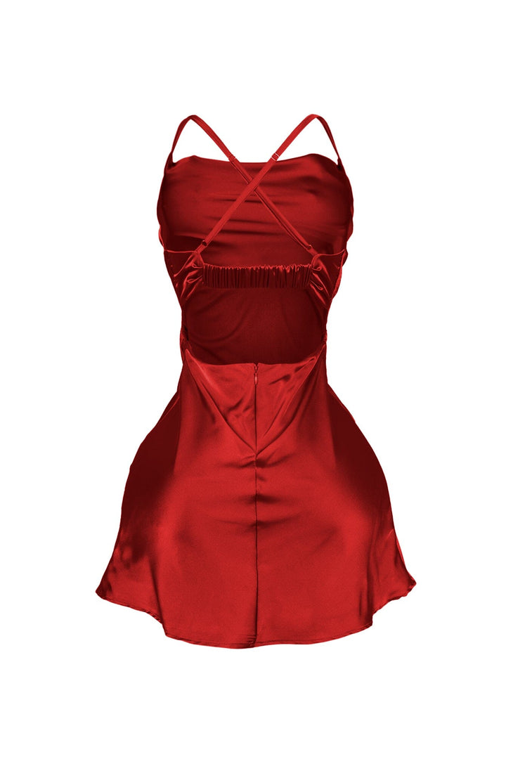 EDGE — red satin cowl neck mini dress, back view flat lay