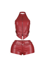 EDGE — red PU halter top and shorts set, front view flat lay