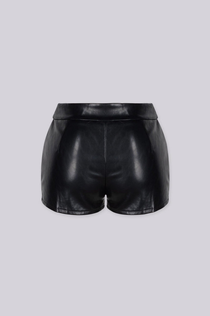 Stretched faux leather high-waisted shorts with wide waistband, back view