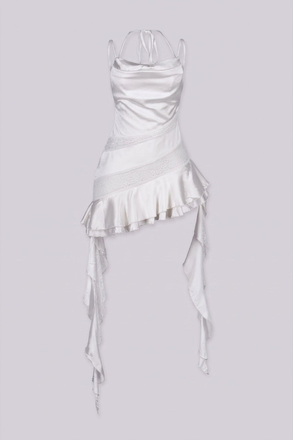 Satin tank mini dress featuring structured bust with cowl neck detail
