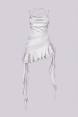 Satin tank mini dress featuring structured bust with cowl neck detail