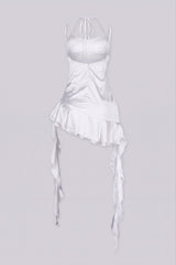 Satin tank mini dress featuring structured bust with cowl neck detail