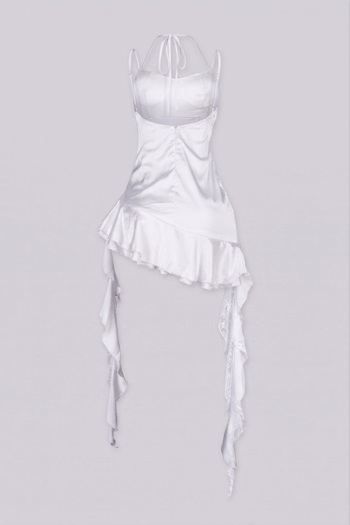 Satin tank mini dress featuring structured bust with cowl neck detail
