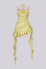 Satin tank mini dress featuring structured bust with cowl neck detail