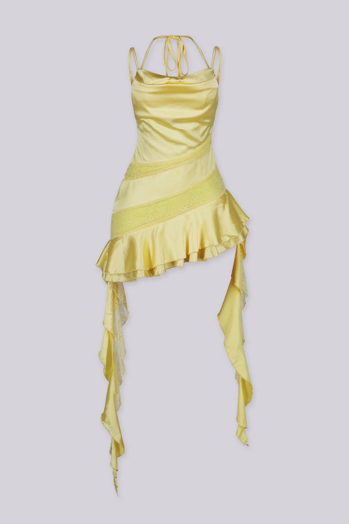 Satin tank mini dress featuring structured bust with cowl neck detail