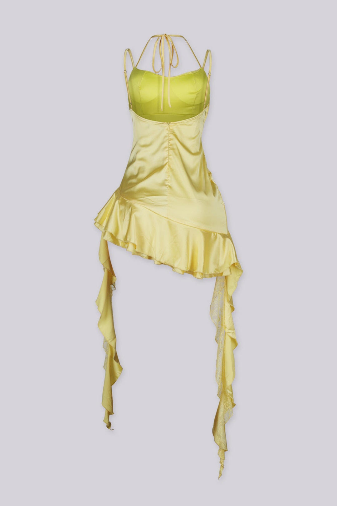 Satin tank mini dress featuring structured bust with cowl neck detail
