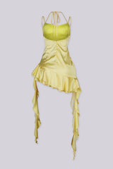 Satin tank mini dress featuring structured bust with cowl neck detail