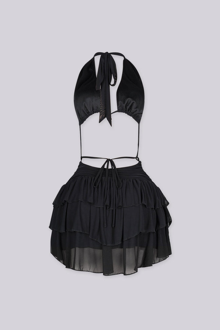 EDGEBYKS - Halter neckline mini dress with a plunging front and heart charm detail, back view