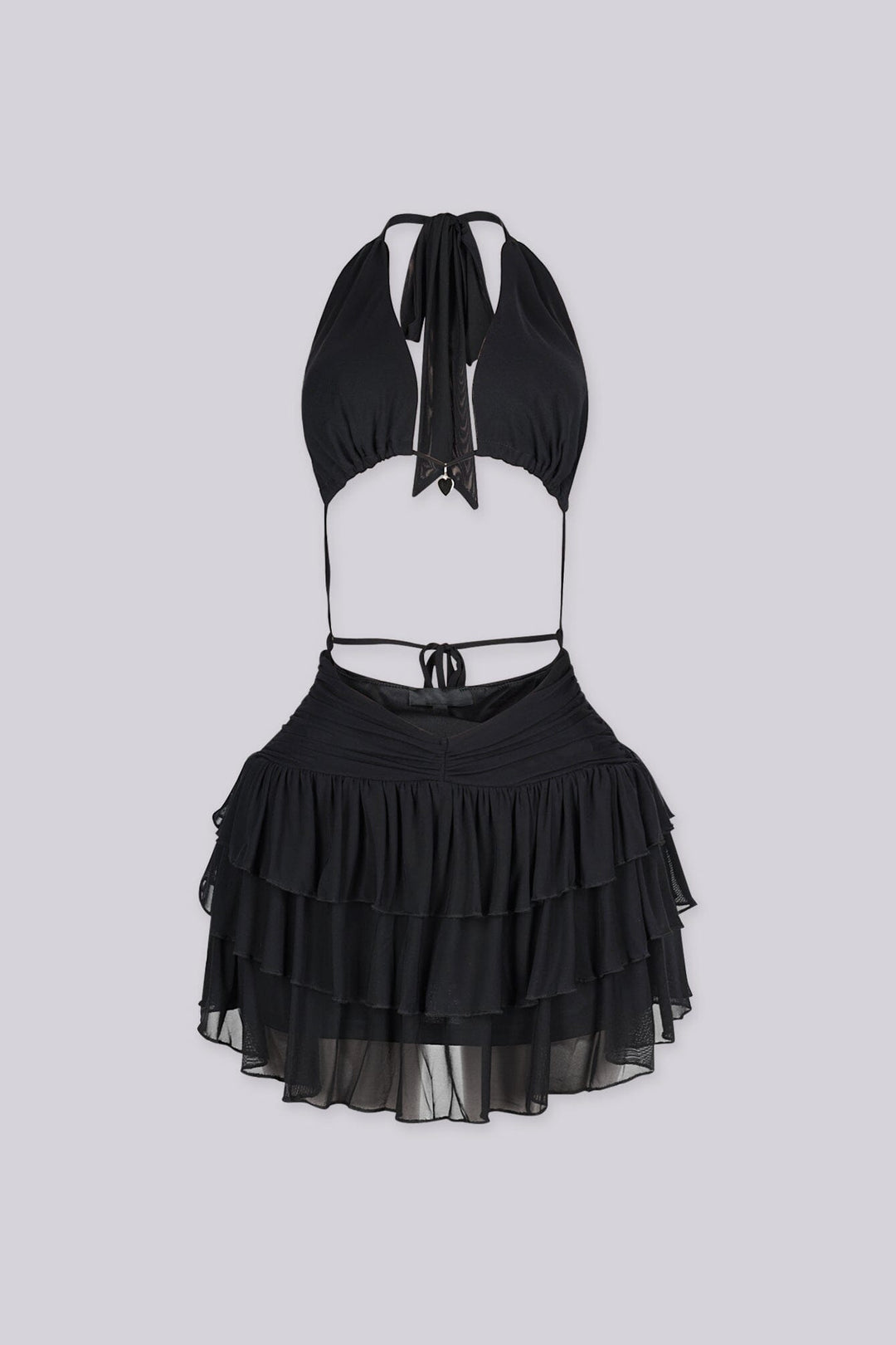 EDGEBYKS - Halter neckline mini dress with a plunging front and heart charm detail, front view