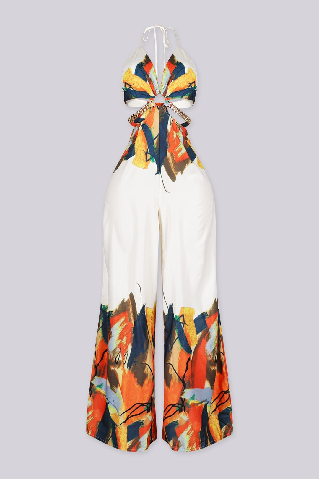 Halter neck jumpsuit featuring center O-ring with waist cut-outs, Edge gold chain straps connecting the front ring to the back ties