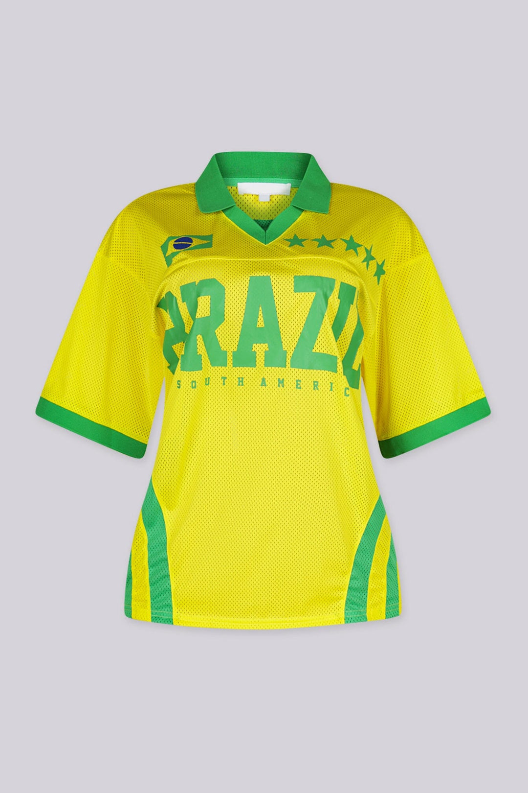 Mesh polo jersey V neck featuring "BRAZIL SOUTH AMERICA" paired with classic green fold-over polo collar