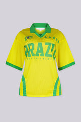 Mesh polo jersey V neck featuring "BRAZIL SOUTH AMERICA" paired with classic green fold-over polo collar