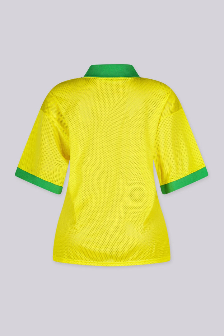 Mesh polo jersey V neck featuring "BRAZIL SOUTH AMERICA" paired with classic green fold-over polo collar