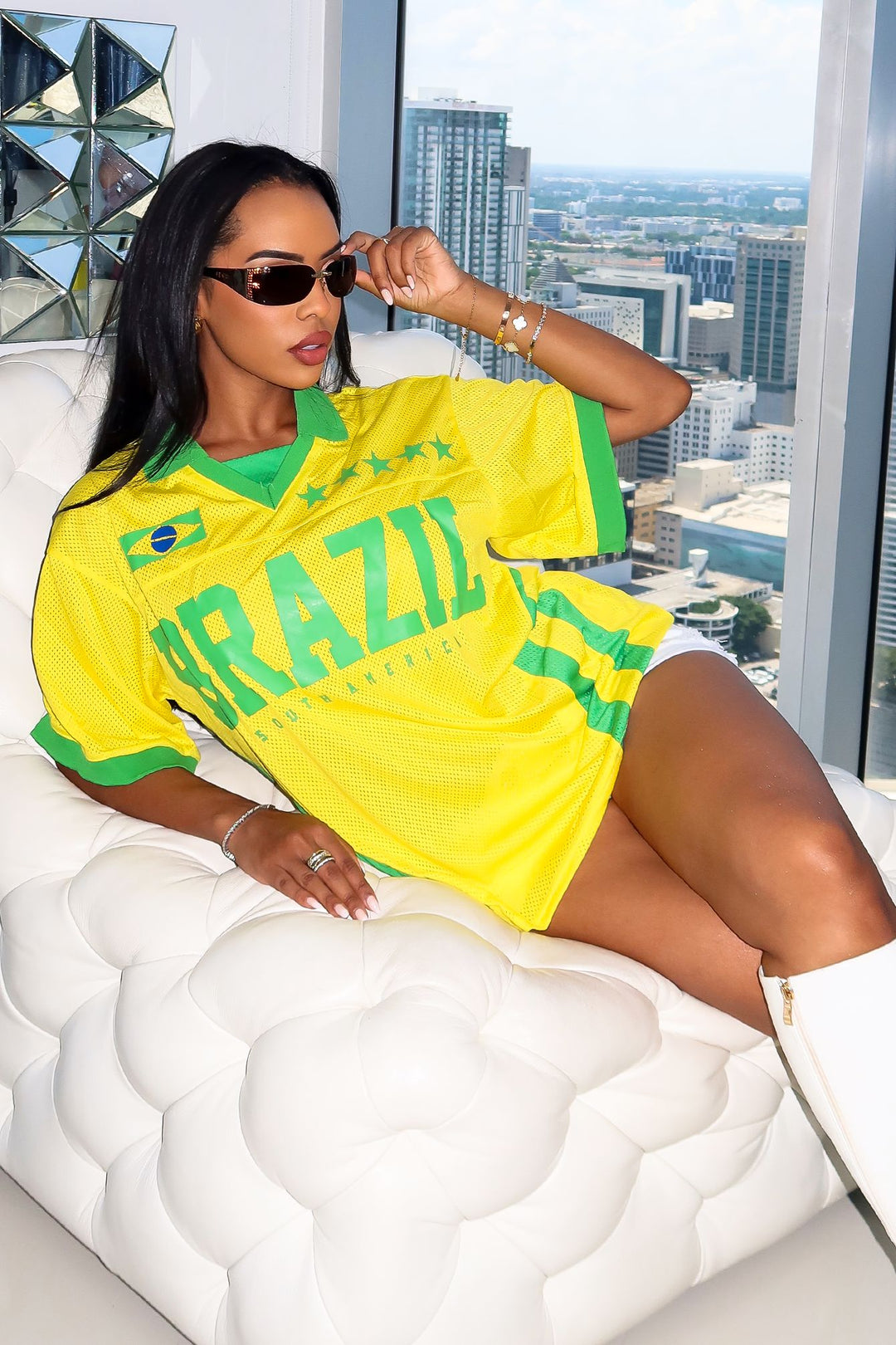Mesh polo jersey V neck featuring "BRAZIL SOUTH AMERICA" paired with classic green fold-over polo collar