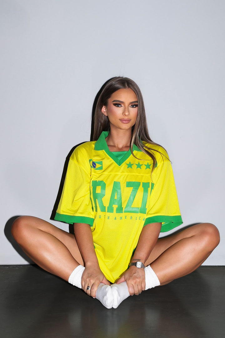 Mesh polo jersey V neck featuring "BRAZIL SOUTH AMERICA" paired with classic green fold-over polo collar