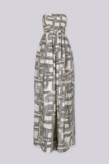 Retro geometric print tube top jumpsuit featuring a smocked bodice for secure and stretchy fit, High waisted wide leg fit