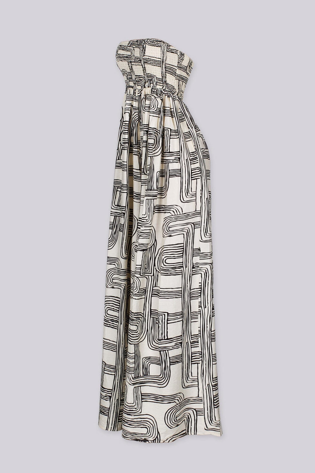 Retro geometric print tube top jumpsuit featuring a smocked bodice for secure and stretchy fit, High waisted wide leg fit