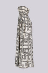 Retro geometric print tube top jumpsuit featuring a smocked bodice for secure and stretchy fit, High waisted wide leg fit