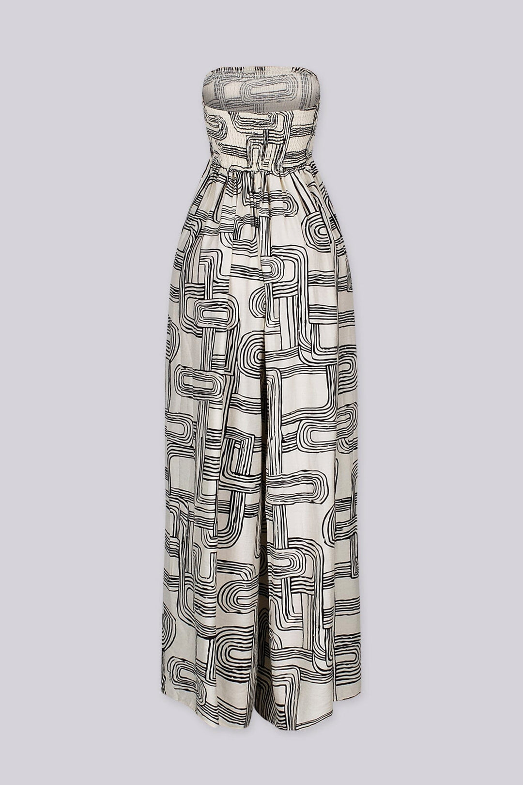 Retro geometric print tube top jumpsuit featuring a smocked bodice for secure and stretchy fit, High waisted wide leg fit