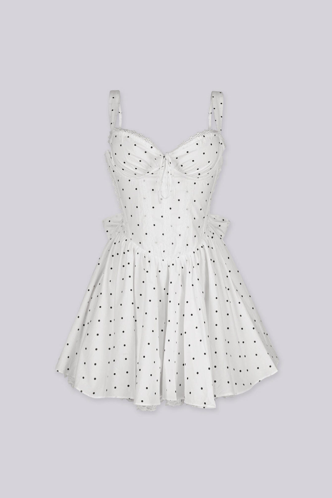 Corset bodice polka dot mini dress featuring sweetheart neckline with delicate lace trim