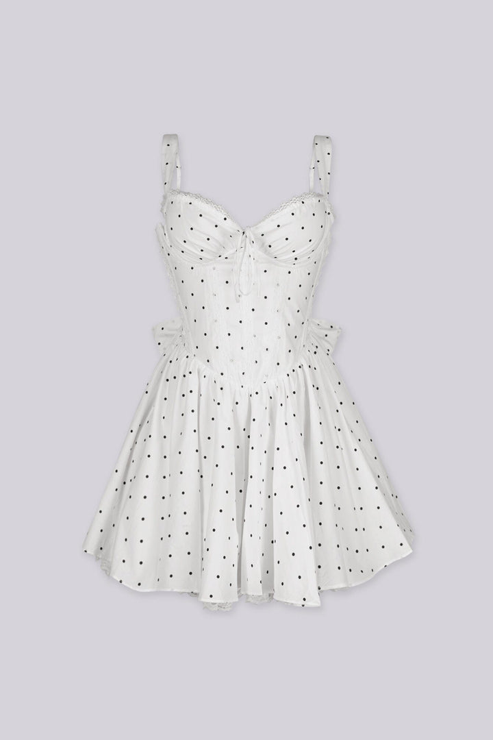 Corset bodice polka dot mini dress featuring sweetheart neckline with delicate lace trim