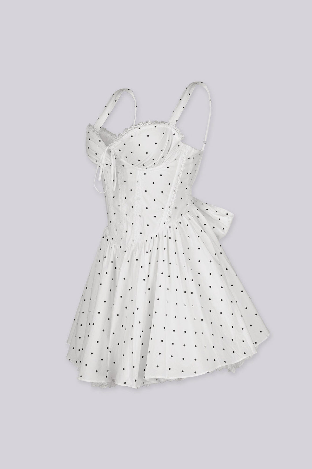 Corset bodice polka dot mini dress featuring sweetheart neckline with delicate lace trim