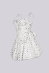 Corset bodice polka dot mini dress featuring sweetheart neckline with delicate lace trim