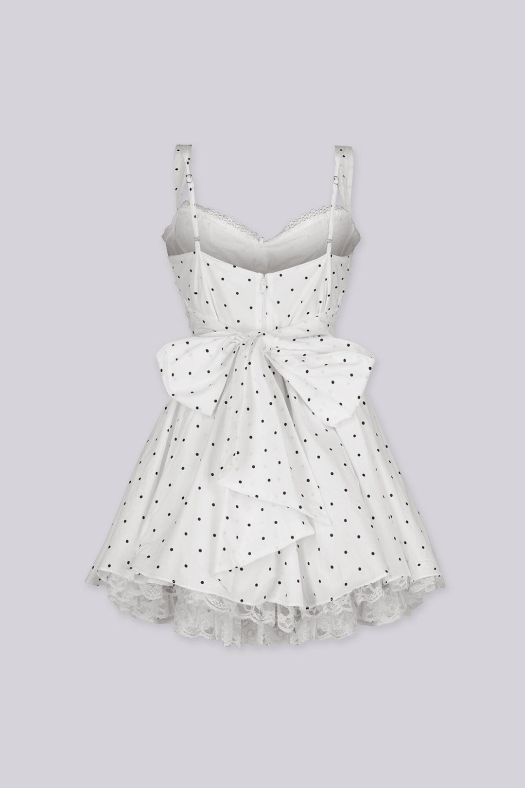 Corset bodice polka dot mini dress featuring sweetheart neckline with delicate lace trim