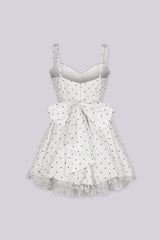Corset bodice polka dot mini dress featuring sweetheart neckline with delicate lace trim