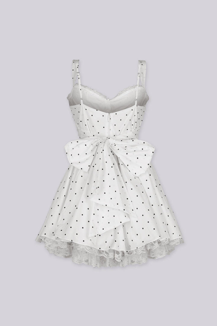 Corset bodice polka dot mini dress featuring sweetheart neckline with delicate lace trim