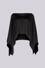 Sheer mesh poncho top with a wide boat neckline featuring asymmetrical 