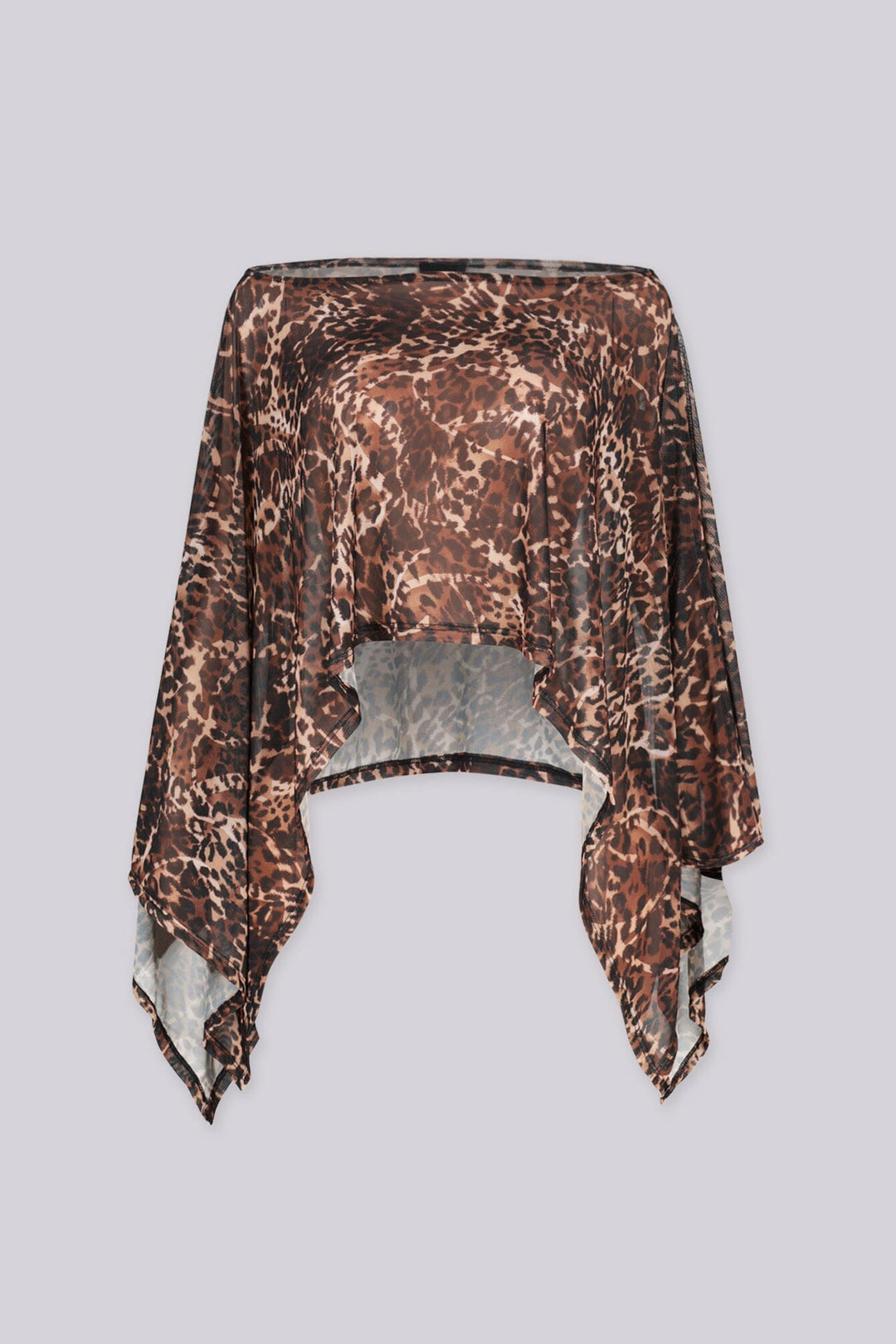 Sheer mesh poncho top with a wide boat neckline featuring asymmetrical 