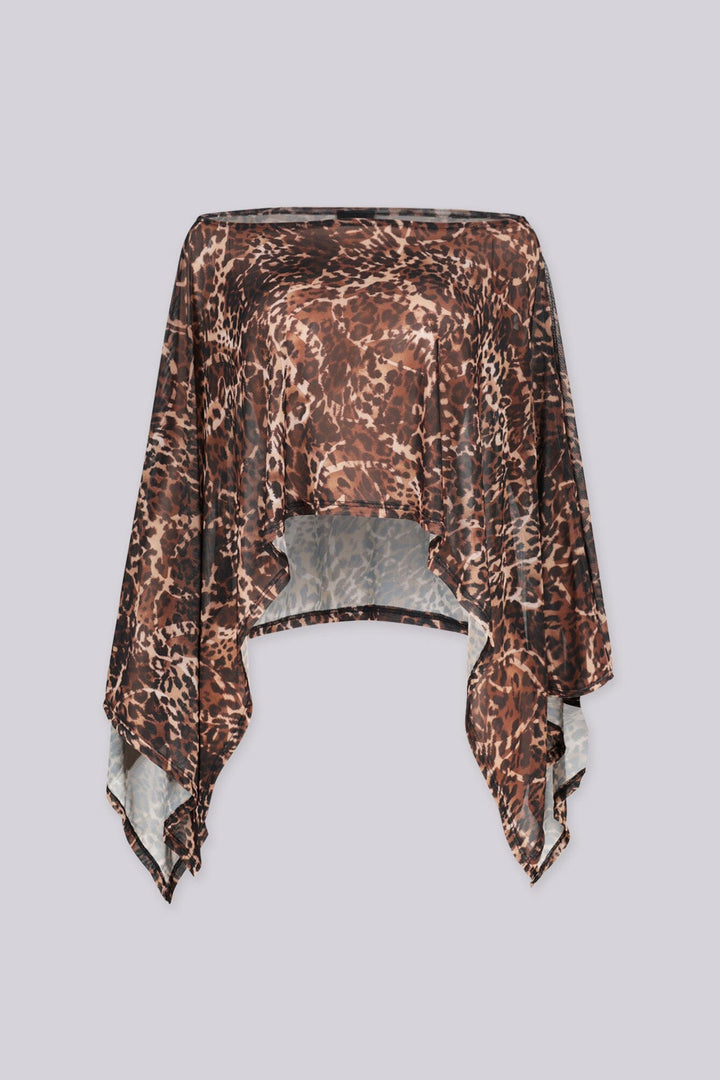 Sheer mesh poncho top with a wide boat neckline featuring asymmetrical 
