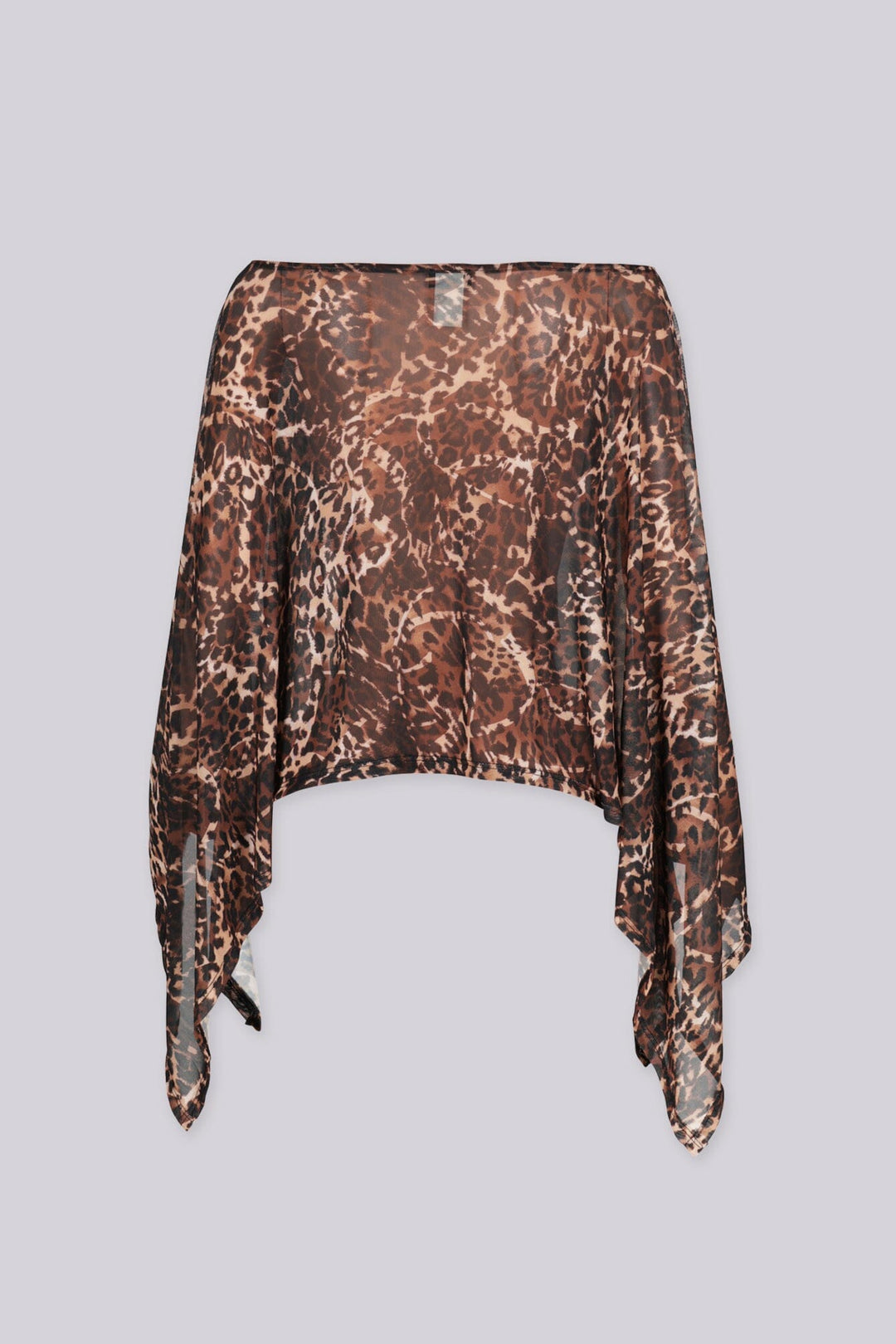 Sheer mesh poncho top with a wide boat neckline featuring asymmetrical 