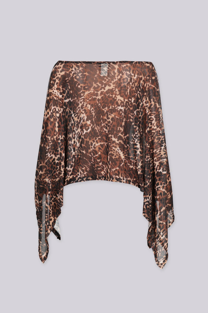 Sheer mesh poncho top with a wide boat neckline featuring asymmetrical 