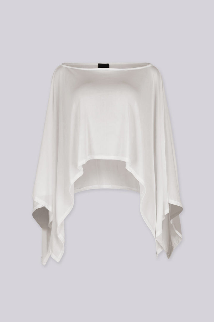Sheer mesh poncho top with a wide boat neckline featuring asymmetrical 