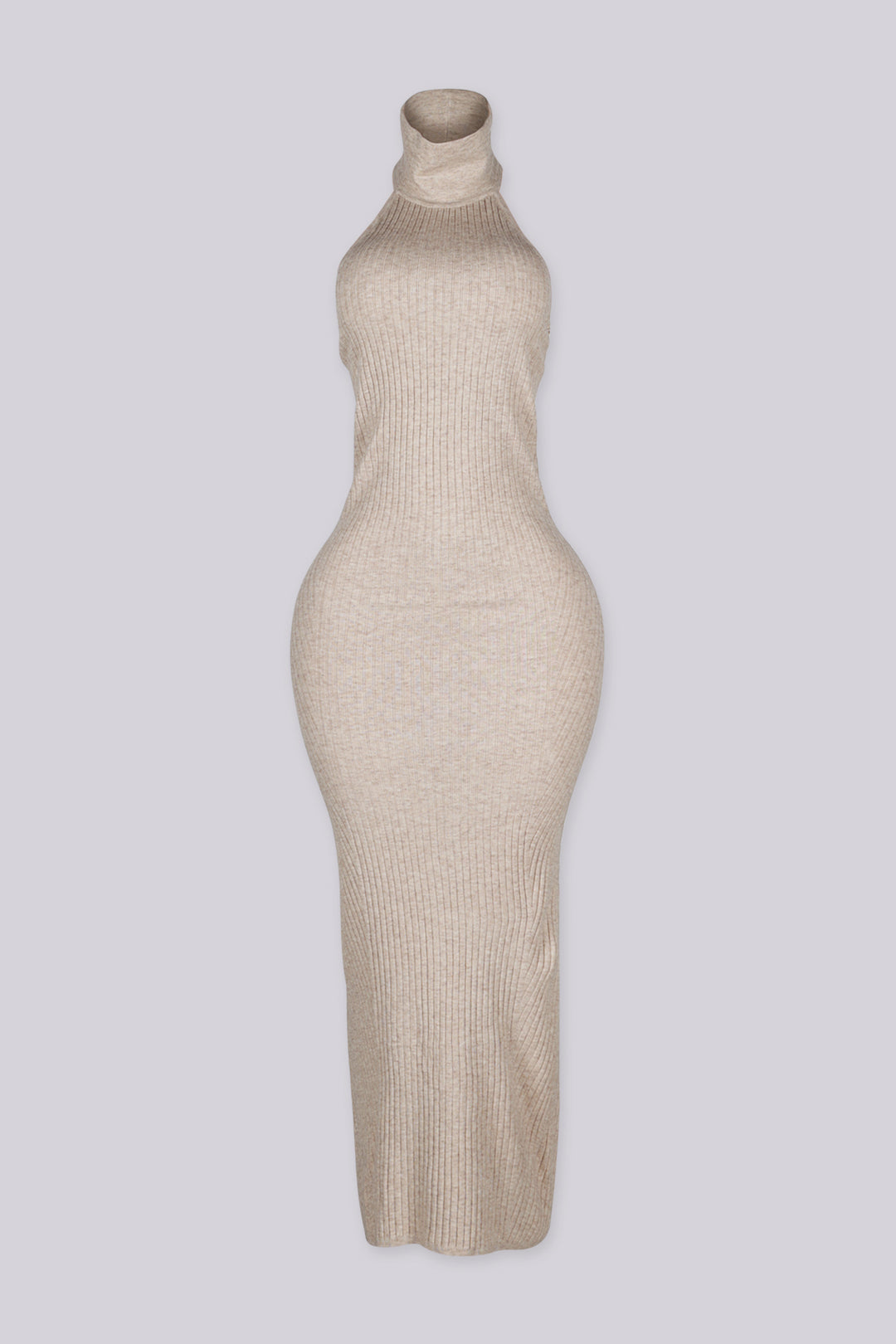 Sleeveless ribbed knit urtleneck maxi dress with halter neckline featuring body skimming stretch fit