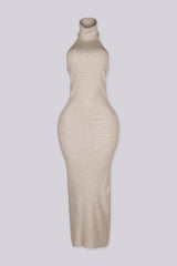 Sleeveless ribbed knit urtleneck maxi dress with halter neckline featuring body skimming stretch fit