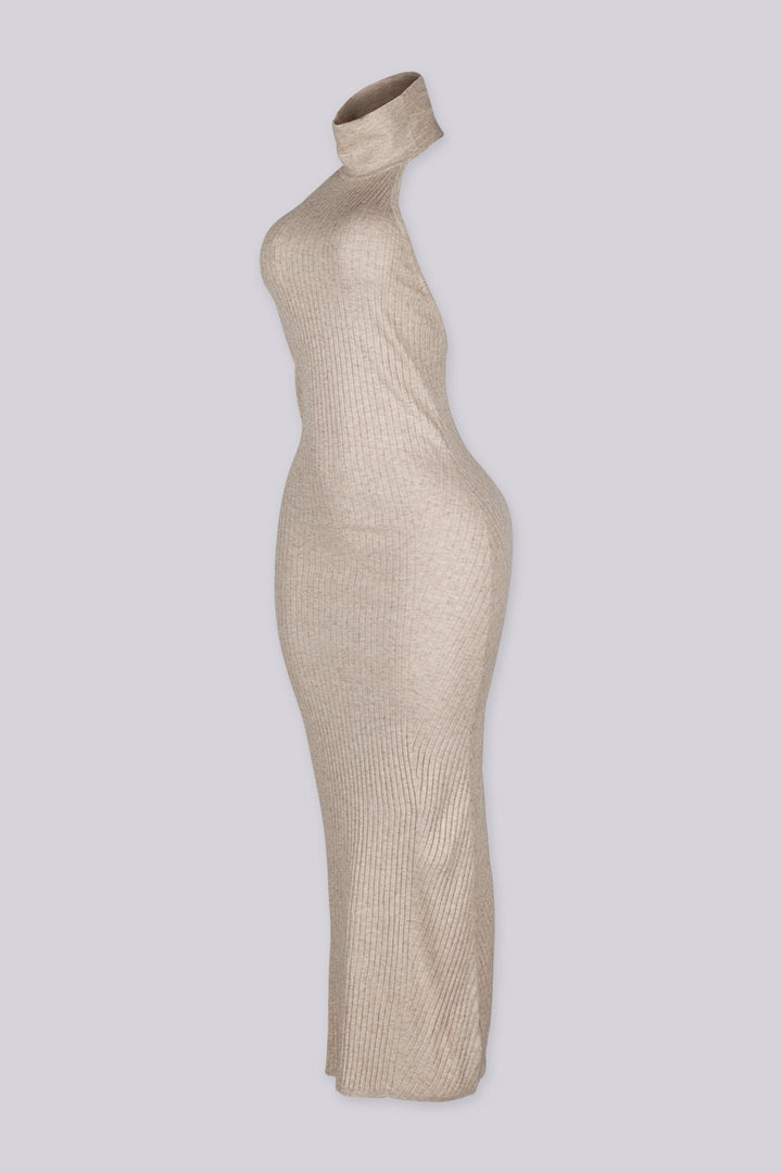 Sleeveless ribbed knit urtleneck maxi dress with halter neckline featuring body skimming stretch fit