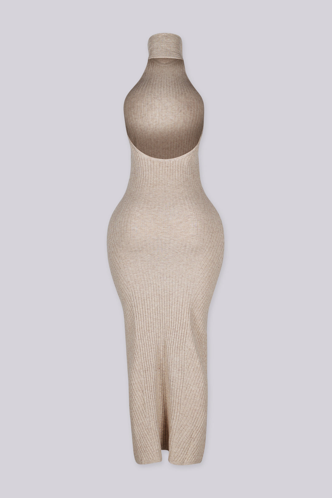 Sleeveless ribbed knit urtleneck maxi dress with halter neckline featuring body skimming stretch fit