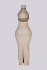 Sleeveless ribbed knit urtleneck maxi dress with halter neckline featuring body skimming stretch fit