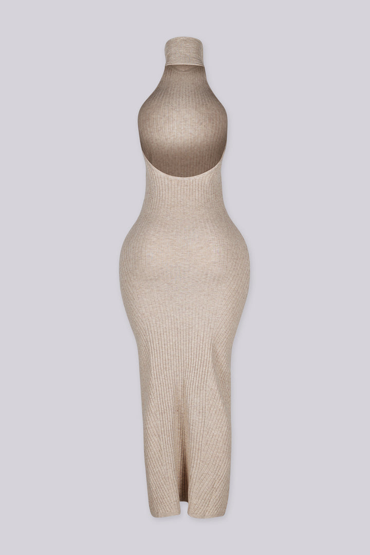Sleeveless ribbed knit urtleneck maxi dress with halter neckline featuring body skimming stretch fit