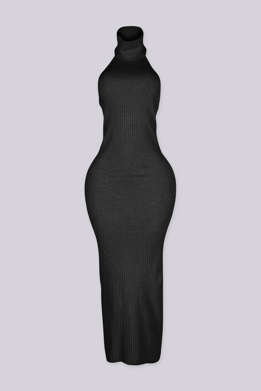 Sleeveless ribbed knit urtleneck maxi dress with halter neckline featuring body skimming stretch fit